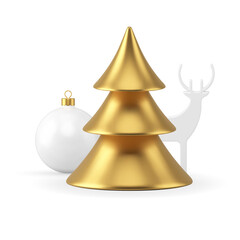 Premium golden Christmas tree toy ball forest deer winter holiday decor realistic 3d icon vector