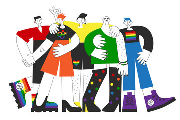 Group of gay people with rainbow flag, lgbt symbols. Homosexual queer men visibility, awareness, equality, pride and rights. Same-sex love and marriage concept isolated vector illustration.
