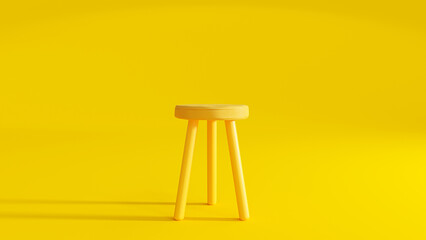 Yellow three legged chair on yellow background light from the side. Minimal idea concept, 3D Render.