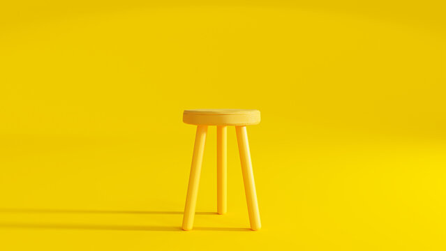 Yellow three legged chair on yellow background light from the side. Minimal idea concept, 3D Render.
