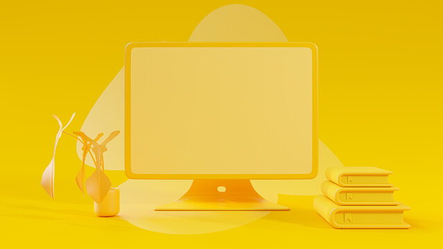 Yellow computer monitor empty display is placed on the desk. Minimal idea concept, 3D Render