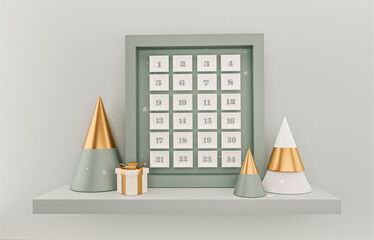 Christmas advent calendar. Boxes with number of calendar days of December, confetti, decorations on a beige scene. New Year 2023. Concept for product. display podium. 3d render image