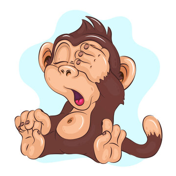 Blind Cartoon Monkey. Cute childish illustration of a cartoon monkey sitting on the floor and covering his eyes with his hand. Cartoon mascot. Positive and unique design.