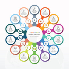 Basic circle infographic template with 14 steps, process or options, process chart, Used for process diagram, presentations, workflow layout, flow chart, infograph. Vector eps10 illustration.