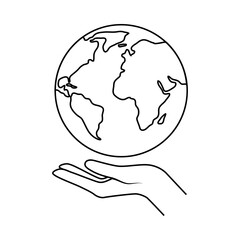 Peace with Human Hand and Earth Globe as Symbol of Friendship and Harmony Outline Vector Illustration
