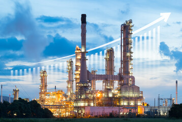 Oil gas refinery or petrochemical plant. Include arrow, graph or bar chart. Increase trend or growth of production, market price, demand, supply. Concept of business, industry, fuel, power energy.
