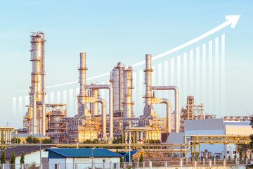 Oil gas refinery or petrochemical plant. Include arrow, graph or bar chart. Increase trend or growth of production, market price, demand, supply. Concept of business, industry, fuel, power energy.
