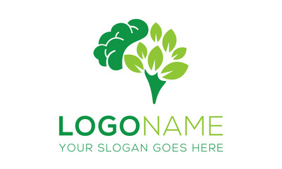 Green Color Brain Leaf Eco Nature Logo Design