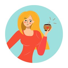 Nice woman with a cup of coffee, tea, milk or cocoa. Coffee break. Icon of a young girl in a red dress drinking tea, coffee. Isolated vector illustration in flat style for drinks advertising.