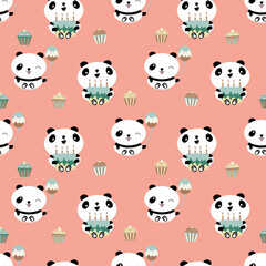 Kawaii panda Happy Birthday vector seamless pattern background. Cute backdrop with laughing cartoon bears holding cakes, balloons, cupcakes. Pink teal design. For baby and kids birthday celebration