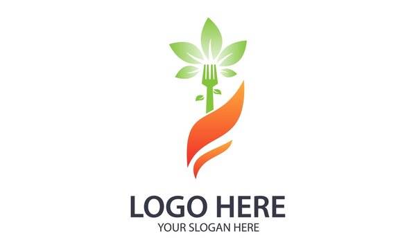 Green and Orange food leaf fork logo design