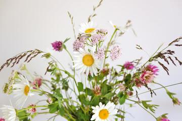 Summertime wildflowers bouquet with chamomile, clover on the gray background. Home decor. Printable.Close up.