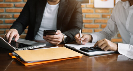 Businessman, administrator, financial audit and secretary making reports, calculating balance. Income audit service within audit concept.