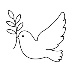 Peace with Flying Pigeon with Olive Branch as Symbol of Friendship and Harmony Outline Vector Illustration