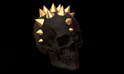 Black skull with geometric elements embedded inside. Dark image with glowing golden geometry. Image for modern banners. 3d render. 2