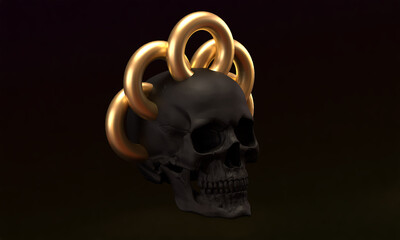 Black skull with geometric elements embedded inside. Dark image with glowing golden geometry. Image for modern banners. 3d render. 3