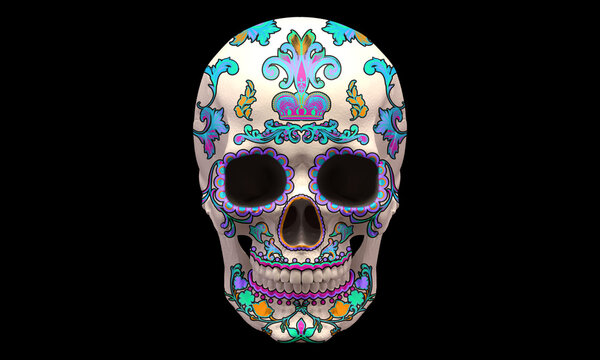 Mexican skull design with colorful ornamentation. Day of the Dead. Skeleton costume with ornamentation. 3d illustration.