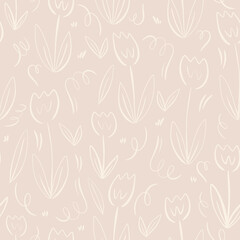 seamless pattern with daisy tulip flowers hand drawn doodle style.