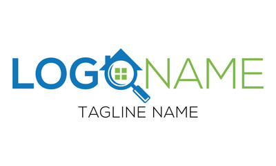 Find House Building Blue and Green Magnifying Glass Logo Design