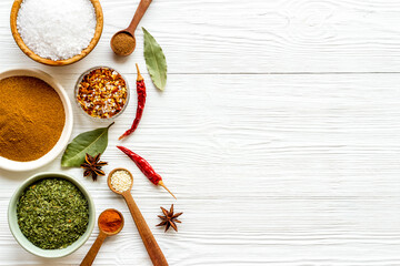 Powdered spices and herbs in bowls. Colorful cooking background