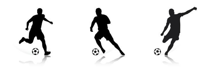Fototapeta na wymiar Football Soccer player silhouette with ball. High quality isolated Logo. Sport player shooting on white background. Vector illustration