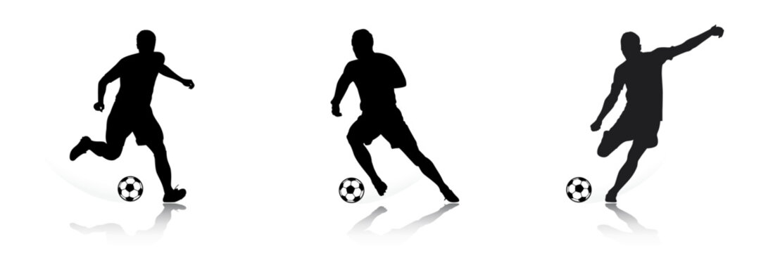 Fototapeta Football Soccer player silhouette with ball. High quality isolated Logo. Sport player shooting on white background. Vector illustration