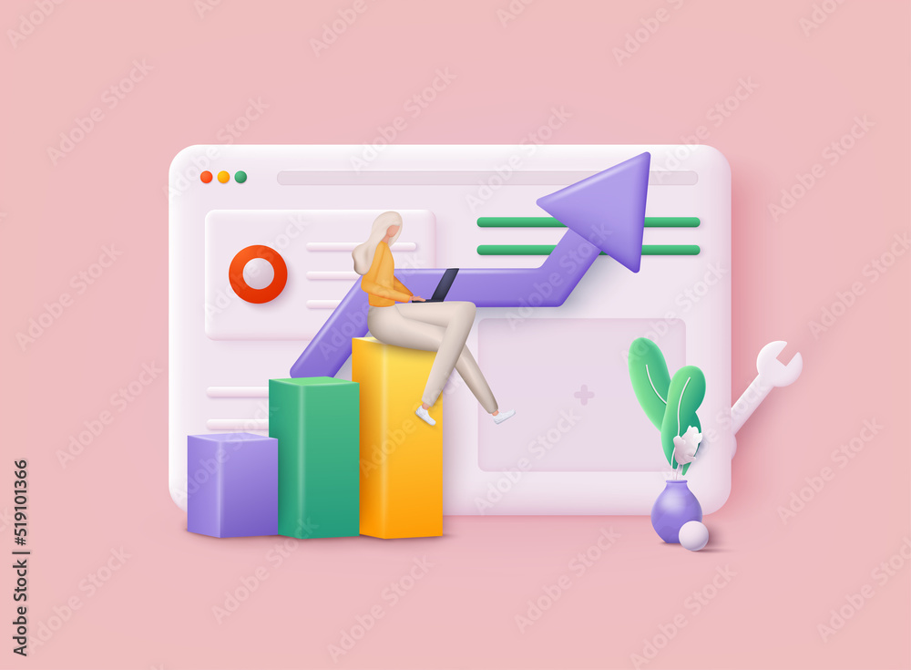 Poster concept of seo optimization for website and mobile website. landing page template. 3d vector illustr