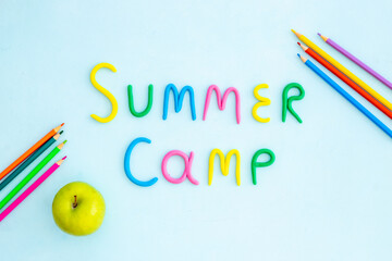 Words Summer Camp made of colorful clay. Summer kids vacation concept