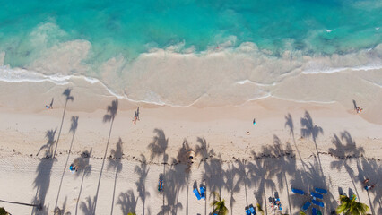 A beautiful beach with palm trees and white sand, azure waves lapping the coastline, tourists...