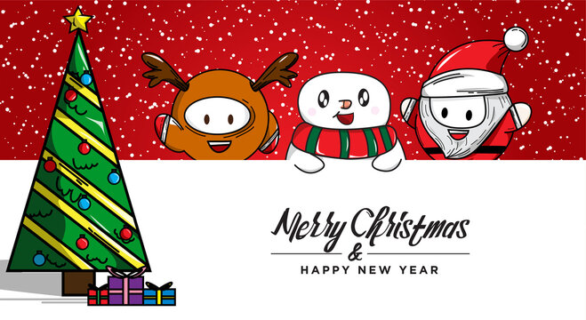 merry christmas and happy new year! Christmas cute animals character with big signboard.