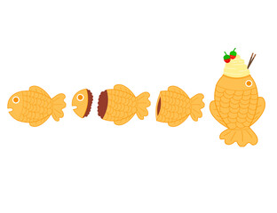 Taiyaki japanese bakery.Fish-shaped cake with red bean filling.Bungeoppang ice cream.Korean street food.Sign, symbol, icon or logo isolated.Flat design.Clipart.Cartoon vector illustration.Graphic.