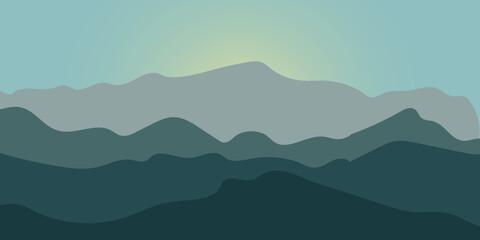 Fototapeta na wymiar Mountain Vector Art. Sun is behind the mountains. Background for website. Poster, banner. Sunrise