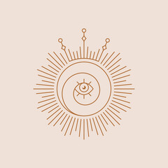 Spiritual boho logo. Sun line symbol with eye and crown. Isolated vector illustration. Design element for magic, esoteric, celestial, astrology, and other themes.