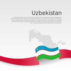 Uzbekistan flag, mosaic map on white background. Cover for uzbek business booklet. Wavy ribbon with the uzbekistan flag. Vector banner design, national poster. State patriotic, flyer, brochure