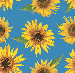 seamless pattern with yellow sunflowers on a blue background. floral pattern, sunflowers illustration. wallpaper, textiles, background. blue and yellow colors of Ukraine.