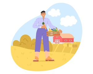 Fall harvest. Flat vector illustration with male  harvesting crops at their farm for sale. Concept of harvesting people.