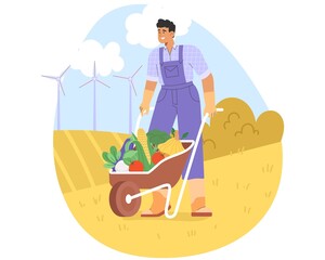 Fall harvest. Flat vector illustration with male  harvesting crops at their farm for sale. Concept of harvesting people.