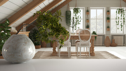 White mat table shelf with round marble vase and potted bonsai, green leaves, over bohemian wooden dining room in boho style. Boho interior design