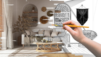 Blueprint project draft, sketch of bohemian wooden living room in boho style, design concept idea, sofa and decors, coastal custom furniture