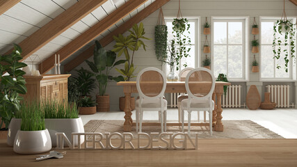 Wooden table, desk or shelf with potted grass plant, house keys and 3D letters making the words interior design, over country dining room in boho style, project concept copy space