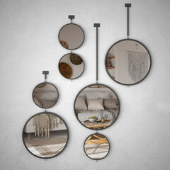 Round mirrors hanging on the wall reflecting interior design scene, bohemian wooden living room in boho style, fabric sofa with pillows, modern architecture idea