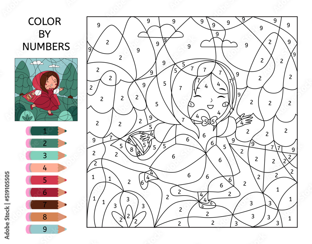 Wall mural color by numbers. the little red riding hood with basket. coloring page for book. educational puzzle