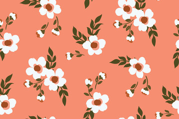 Seamless floral pattern, cute ditsy print with simple hand drawn plants. Romantic botanical background, feminine surface design with small white flowers, leaves on pink. Vector.