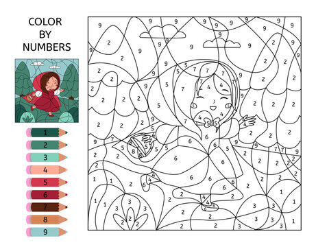 Color by numbers. The Little Red Riding Hood with basket. Coloring page for book. Educational puzzle game for children. Fairy tale cartoon characters. Vector illustration.
