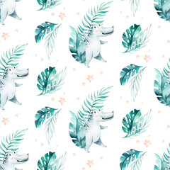 Fototapeta premium Seamless cartoon crocodiles pattern. Watercolor tropic african illustration with watercolor alligators and Africa palms. Tropical leaves Fabric background