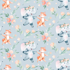 Watercolor seamless pattern with dancing elephant and fox forest animals on white background. Childish animal illustration. Happy birthday, celebration concept.