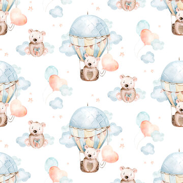 Fototapeta Cute baby animal and air balloon seamless pattern, bear crocodile illustration for children clothing. Balloons Woodland watercolor Hand drawn boho image for cases design, nursery posters, postcards