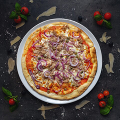 Traditional Italian Pizza With Homemade Tomato Sauce, Tuna, Purple Onion and Mozzarella Cheese, Tono style, Top Down Shoot, Appetizing Background	