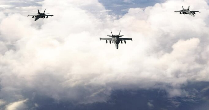 4k Aerial 3 Jet Fighters F-18 fly above clouds