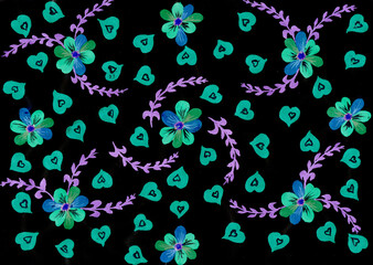 Abstract watercolor hearts on a black background, hand drawn creative artwork